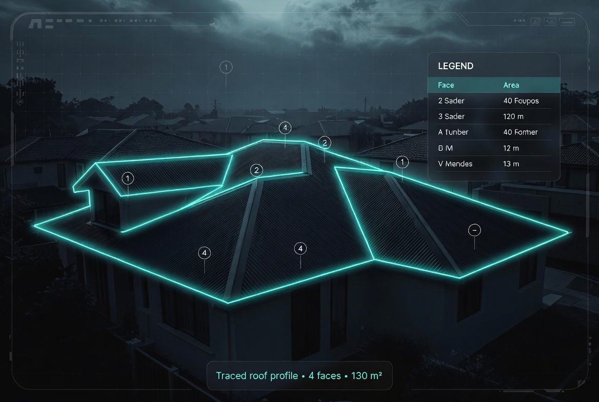 Traced roof profile — 4 faces, 130 m² — with neon-cyan polygon outline