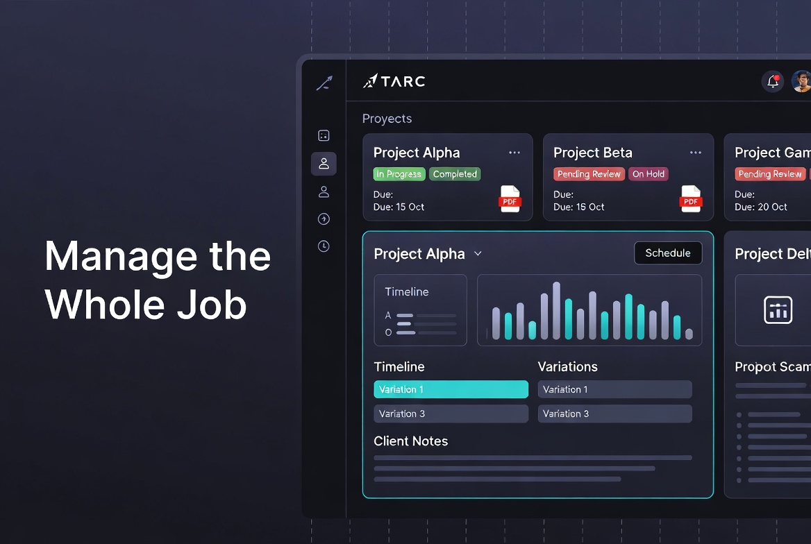Project dashboard: timeline, variations, client notes, schedule